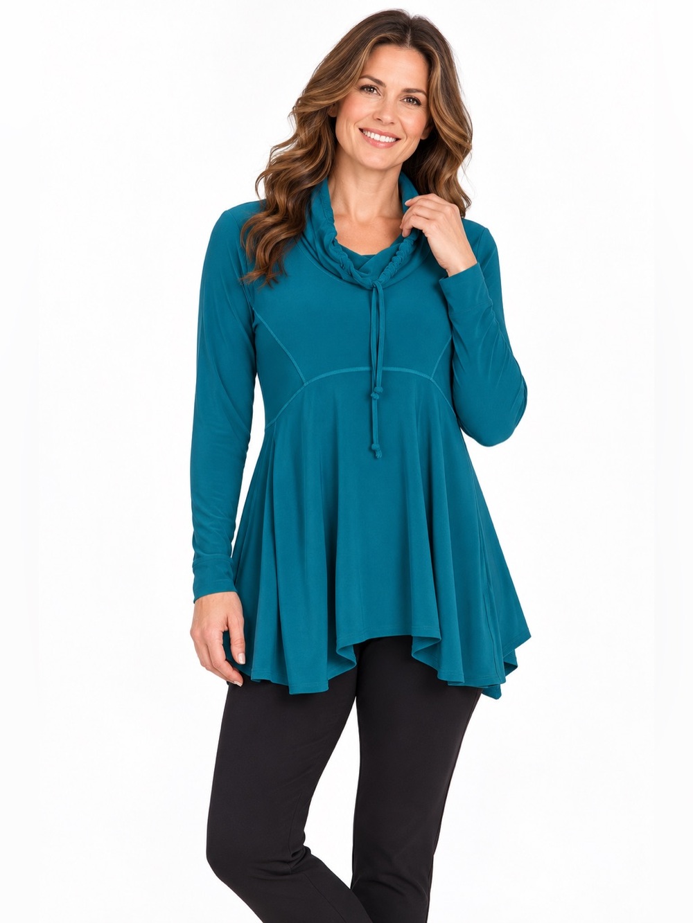 Sympli Energy Slouch Tunic 23127-3 Teal Cowl Neck Long Sleeve Swing Top Size 12
